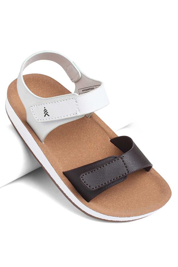 Solid Sandals with Velcro Closure - Brown White & Black