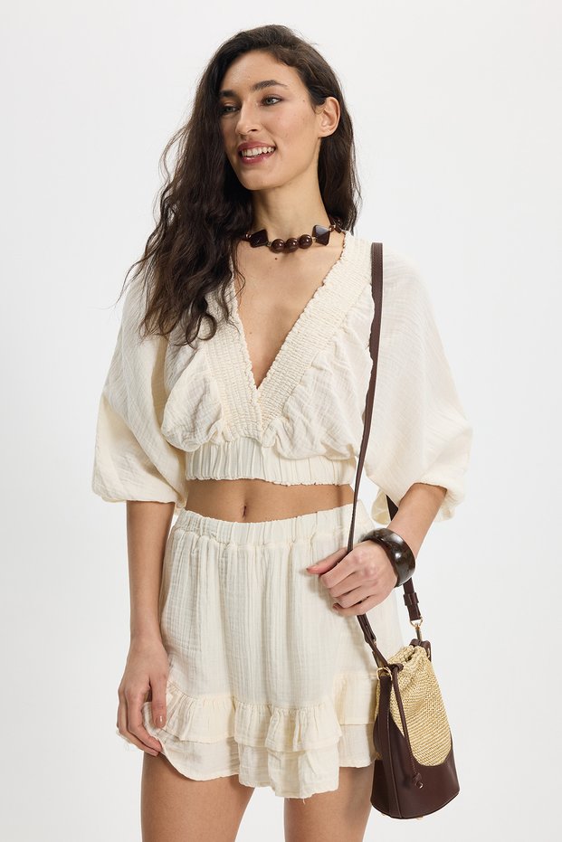 Women's Oversize Wide Cut 100% Cotton Double Breasted Collar Crop Ruffle Ecru Shorts Skirt Set