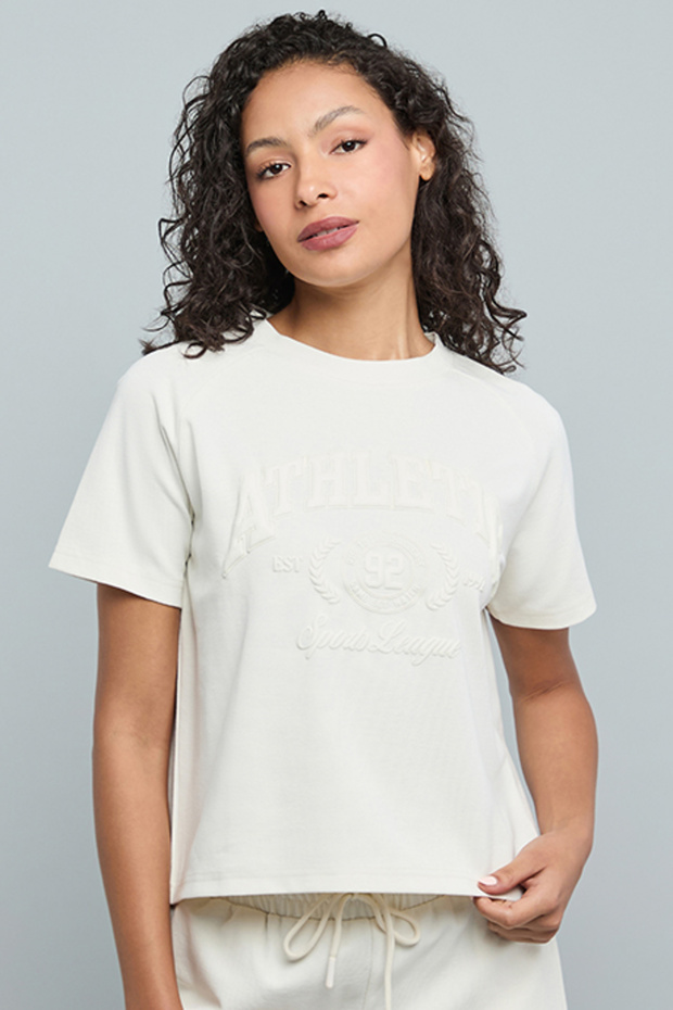 Embossed Print T-Shirt with Crew Neck and Short Sleeves