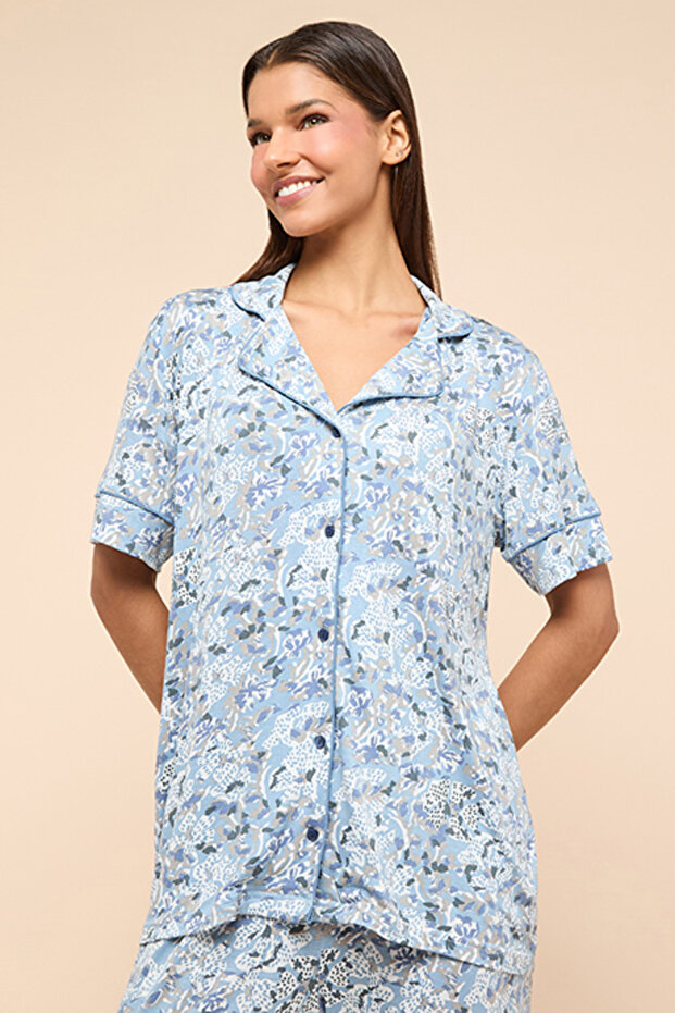 Printed Lapel Collar Pyjama Set - 2