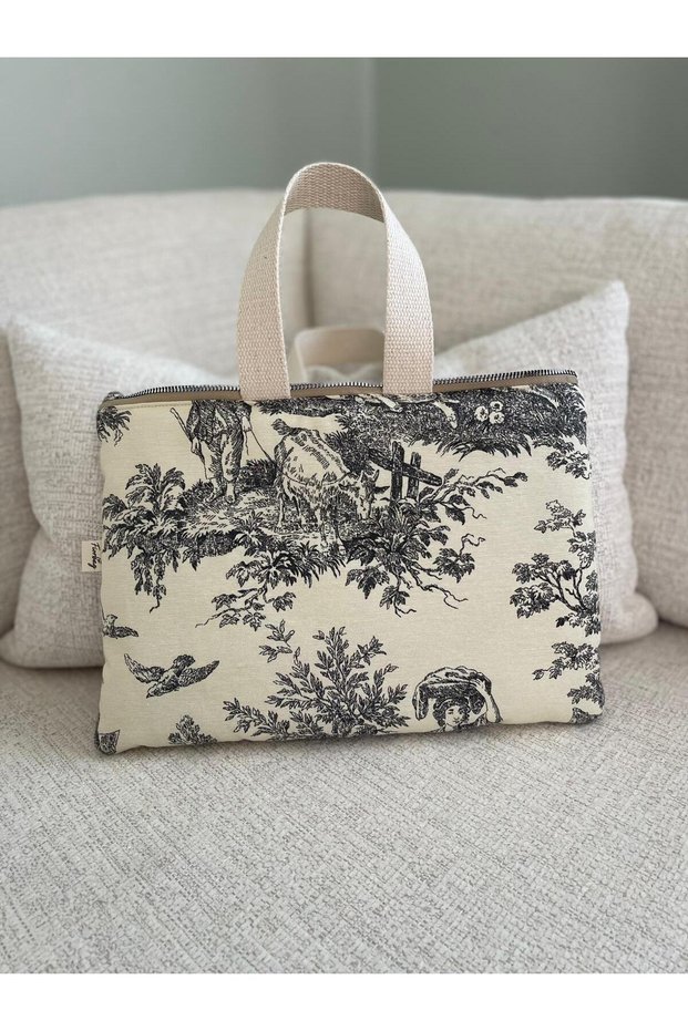 Handmade Black Toile De Jouy Patterned 11 Inch Tablet Bag Casual Handbag Women's Bag