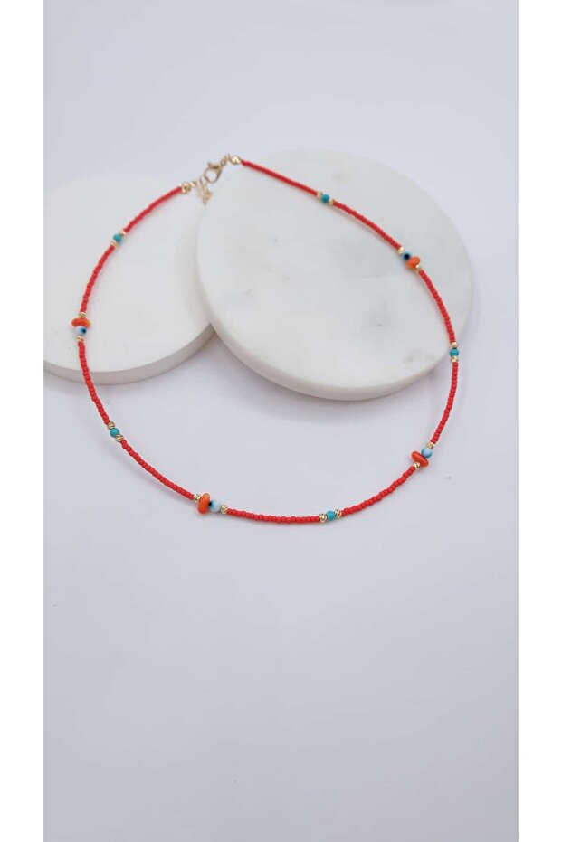 Red Color Bead Detail Necklace