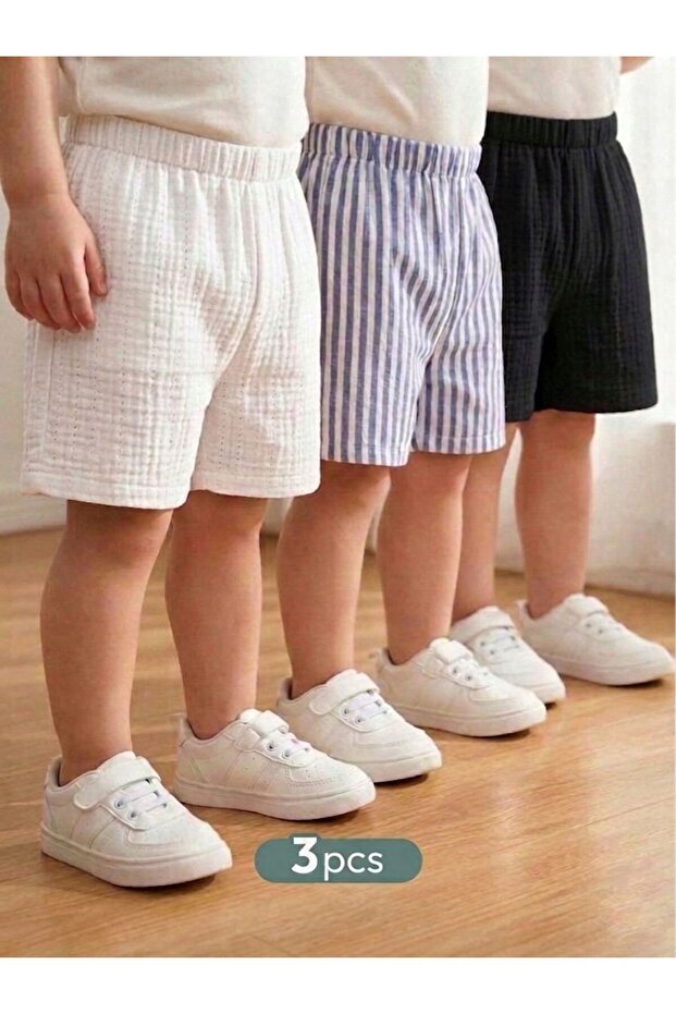 Boys' 3-Pack Muslin Fabric White-Black-Blue Striped Shorts