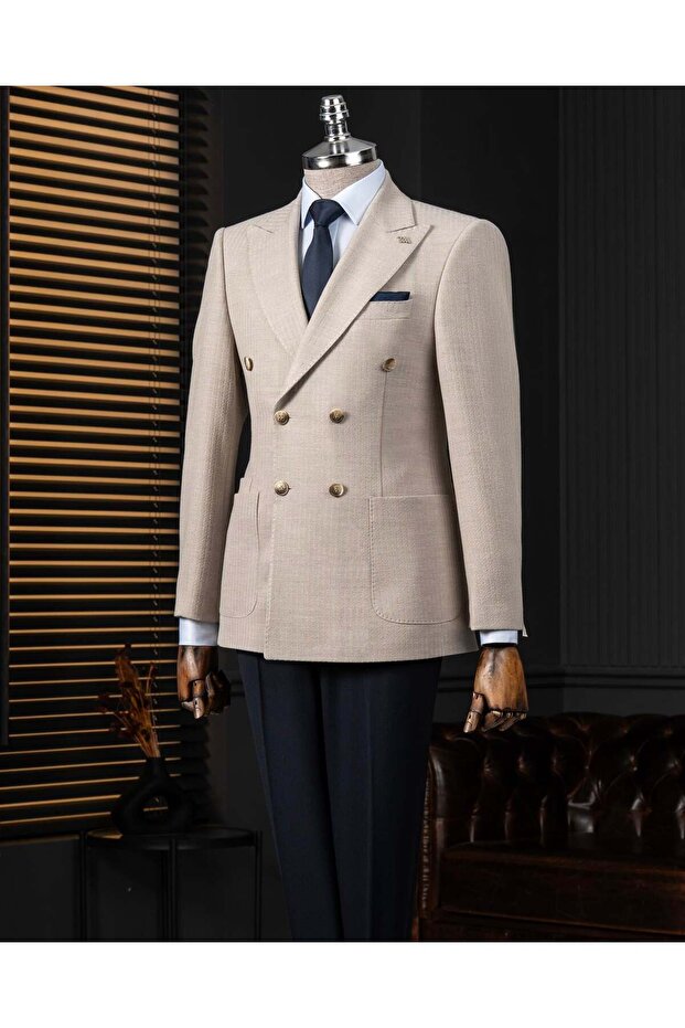 Italian Style Slim Fit Double-Breasted Men's Single Jacket Mink T14278