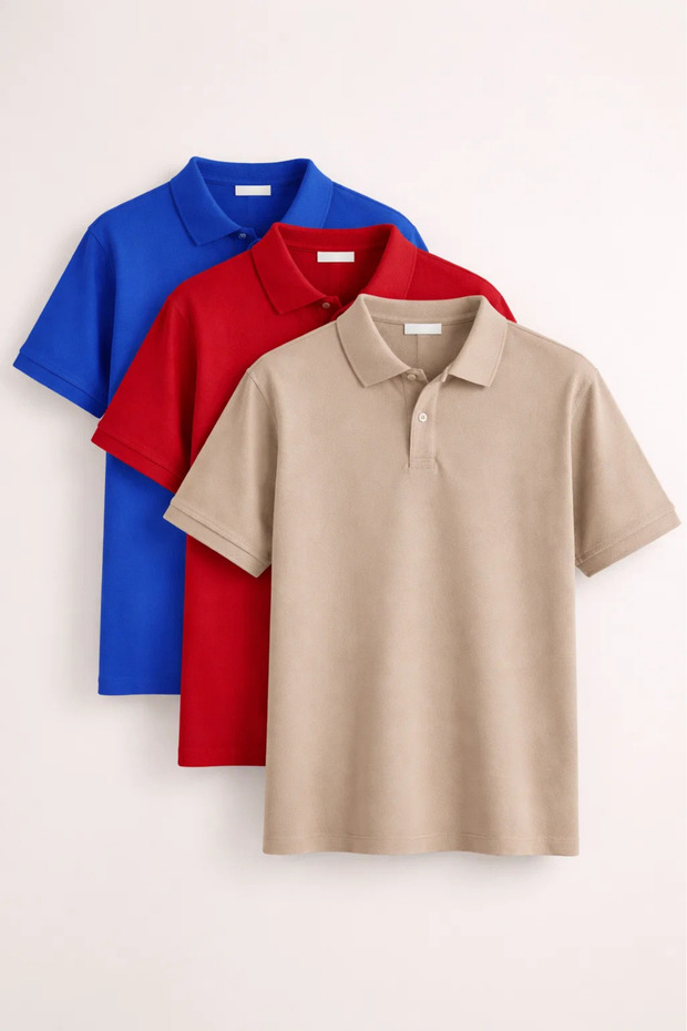 Men's Basic Short Sleeve Loose 3-Piece Polo Collar T-Shirt