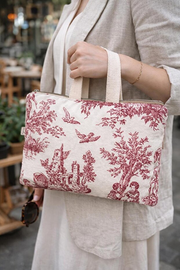 Handmade Red Toile De Jouy Pattern 11 Inch Tablet Bag Casual Handbag Women's Bag