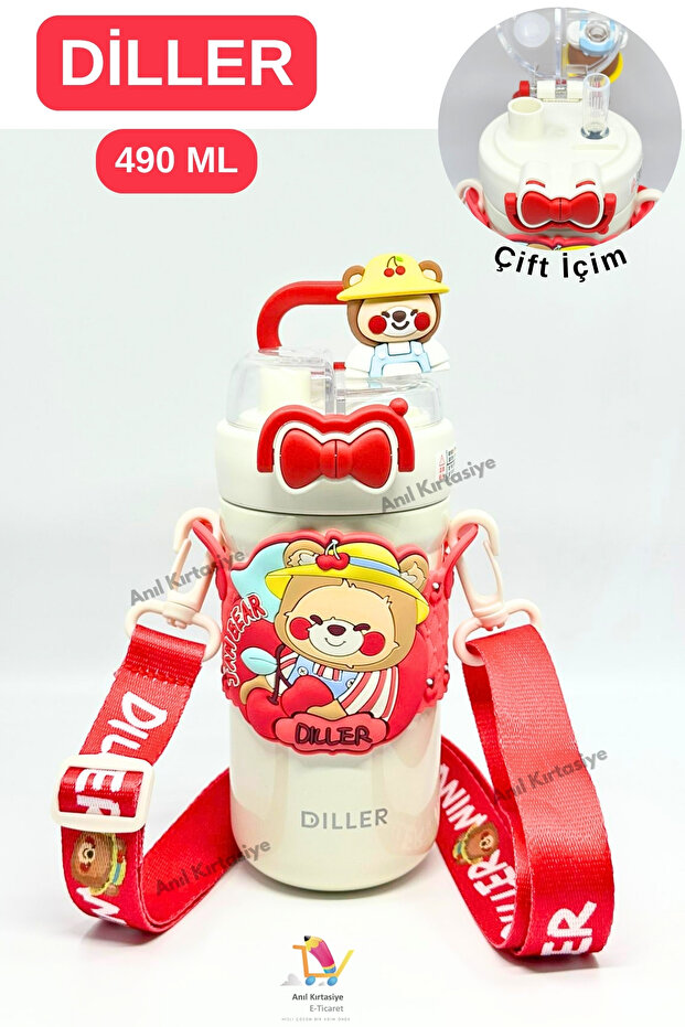 Single Lid Double Drinking Thermos with Figures of Languages, With/Without Straw 490 ml