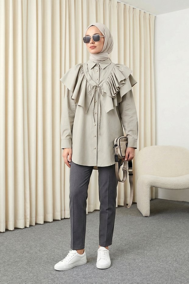 Oval Cut Cape Detailed Buttoned Stone Tunic - Stone