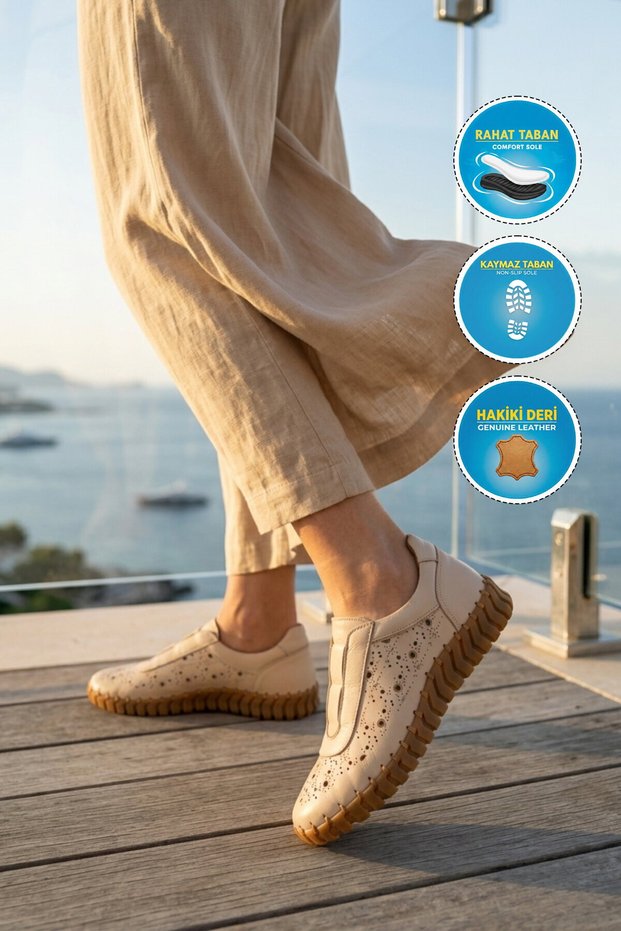 Beige Genuine Leather Flexible Comfortable Sole Women's Casual Shoes 2010730Y Z