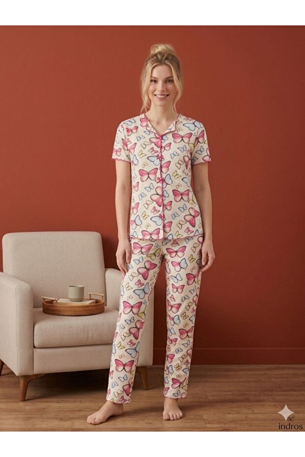 Short Sleeve Long Butterfly Print Women's Set