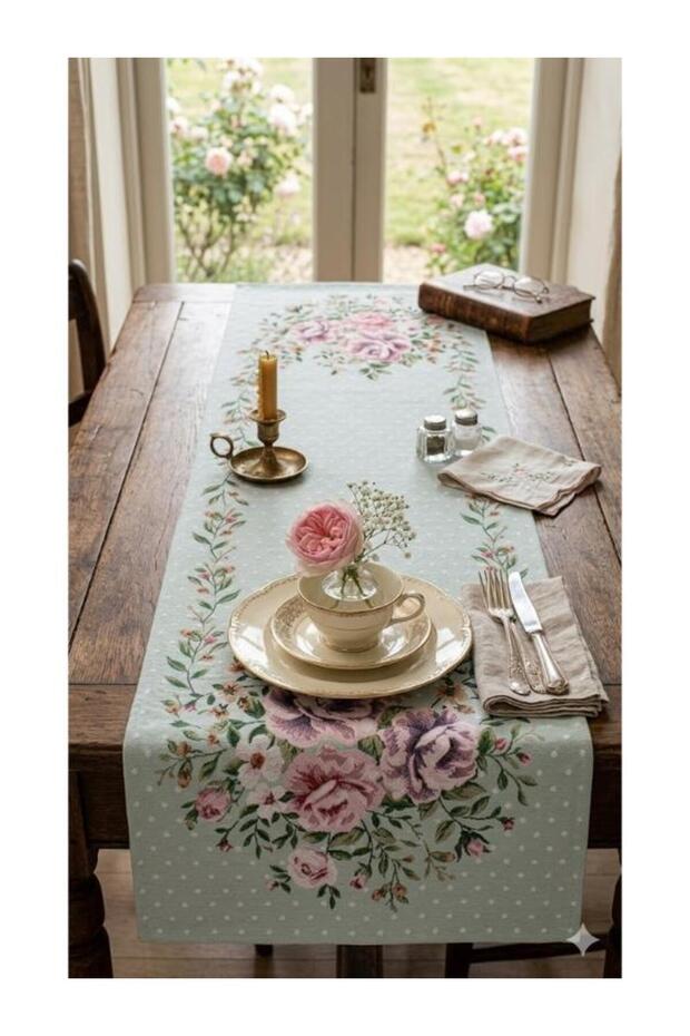 Carmen Jakarli Woven Goblen Decorative Blue Runner with Flowers 45*135