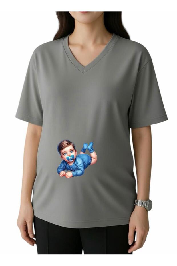Retiring Baby Boy Printed V-Neck Oversized Maternity T-Shirt 1Gj2