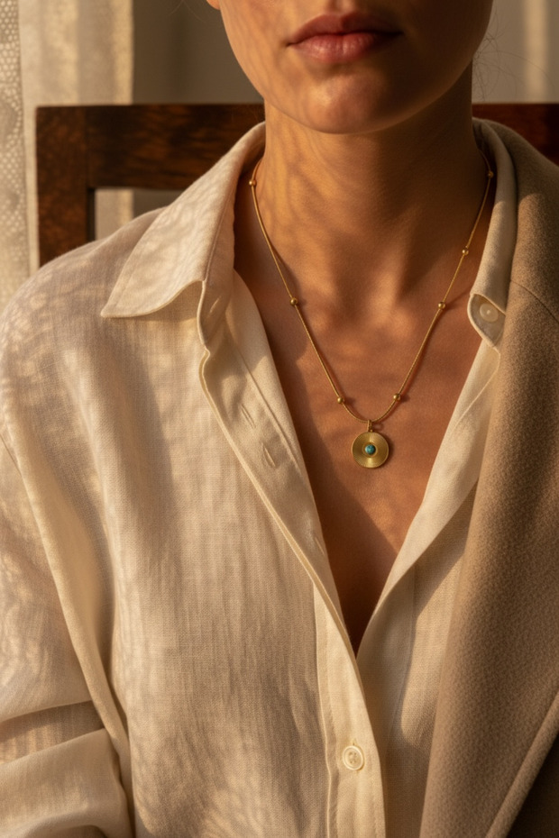 Turquoise Stone Sun Motif Gold Steel Necklace – Sparkling Minimalist Women's Necklace
