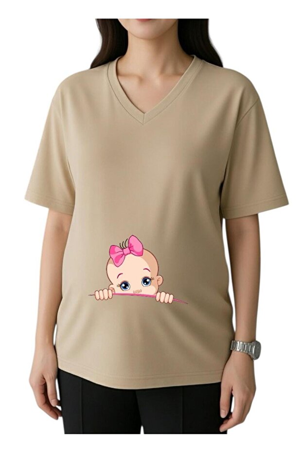 Surprise Baby Printed V-Neck Oversize Maternity T-Shirt 1Gj5