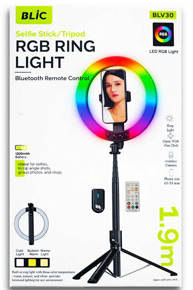 Blv30 1.9m Rgb Ring Light Selfie Stick Tripod - Bluetooth Controlled Led Ring Light