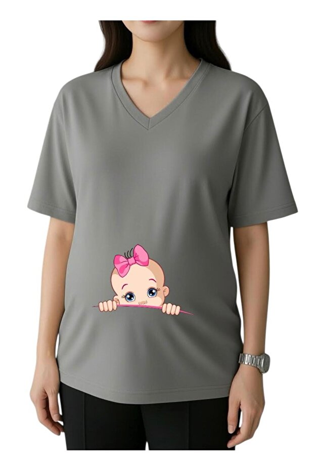Surprise Baby Printed V-Neck Oversize Maternity T-Shirt 1Gj5