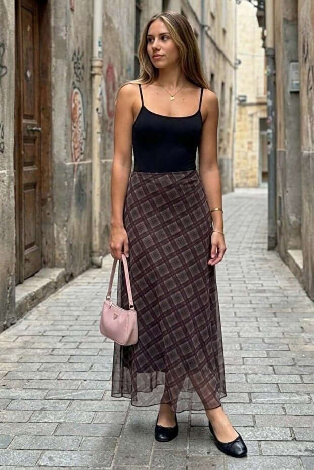 Khaki Plaid Pattern Tulle Layered Women's Skirt Mg2708