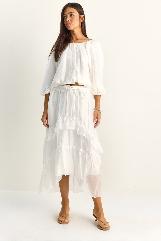 Women's White Elastic Waist Boat Neck Blouse Asymmetrical Layer Detailed Maxi Skirt Lined Suit 7646 60286142