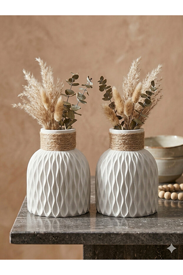 Wicker String Decorative Modern Bohemian Design 2-Piece White Vase 10cm (Flowers Not Included)