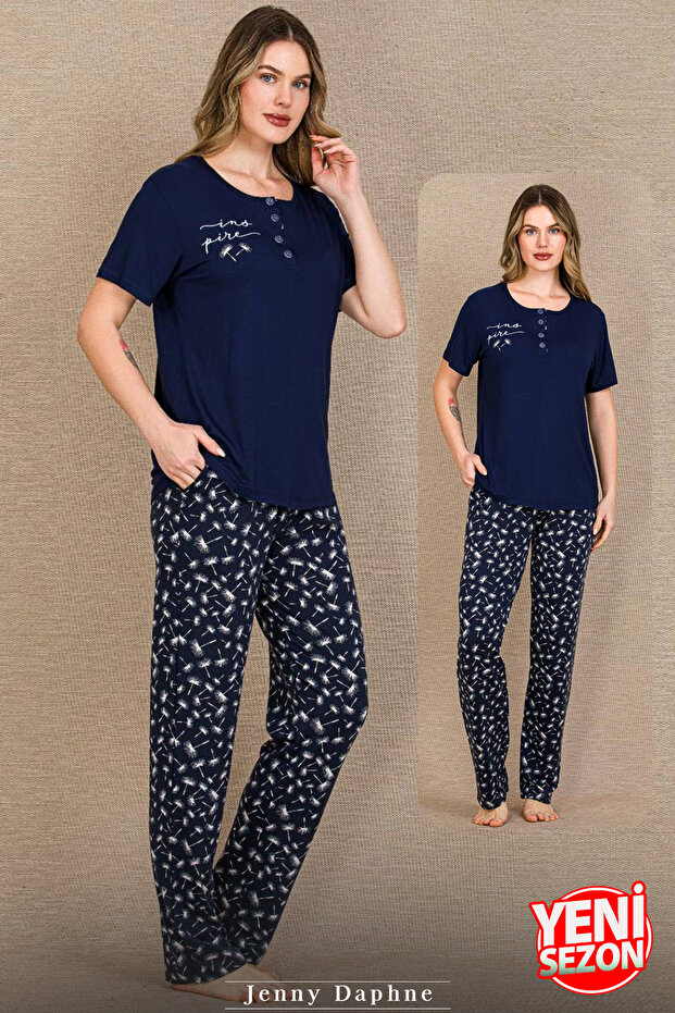 Women's Viscose Pajama Set Relaxed Cut Buttoned Collar Navy Blue Patterned Bottom 12690