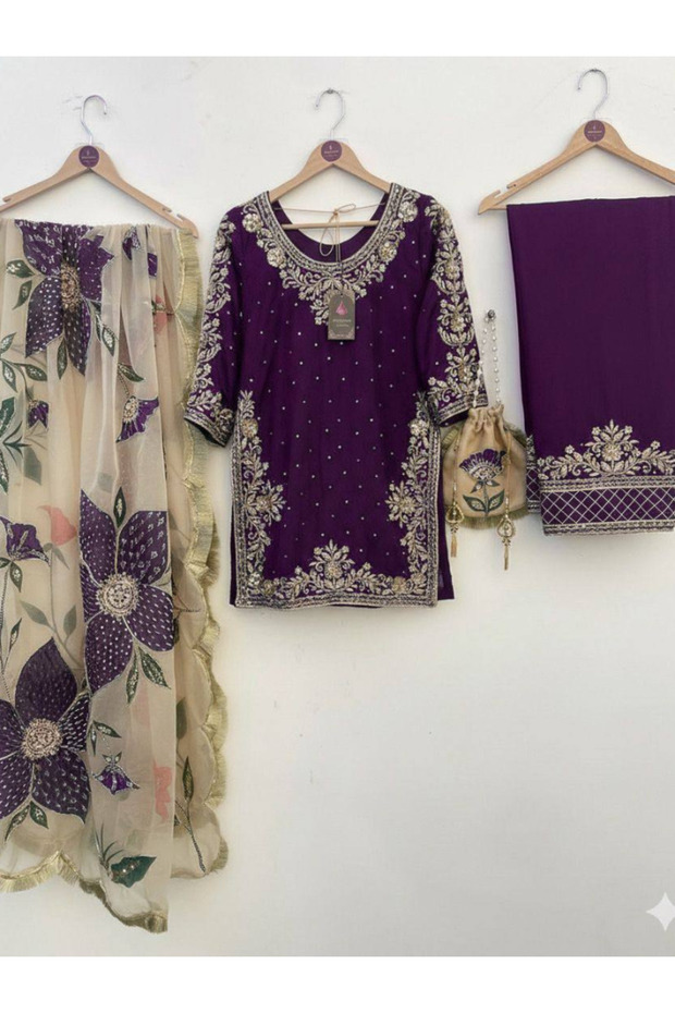 Purple Silk Kurta Trouser & Dupatta - FFT7496 - Purple