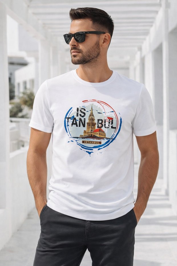 Men's White Cotton Istanbul Printed Short Sleeve T-Shirt