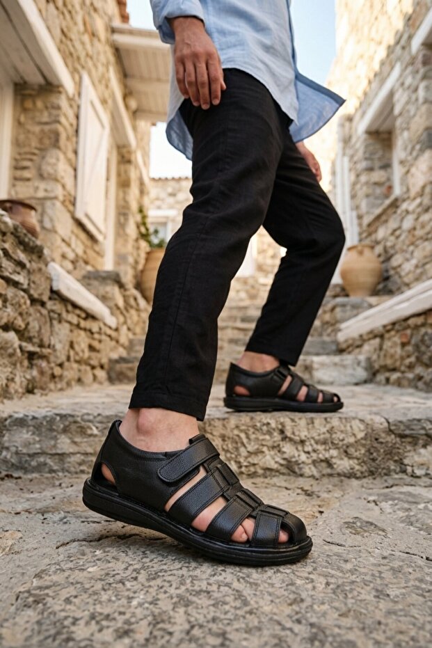 Black Genuine Leather Men's Sandals 8520 m