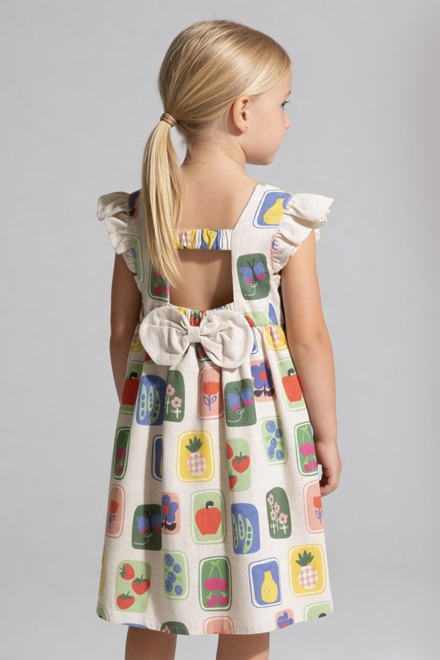 Back Detail Patterned Cotton Linen Girls' Dress