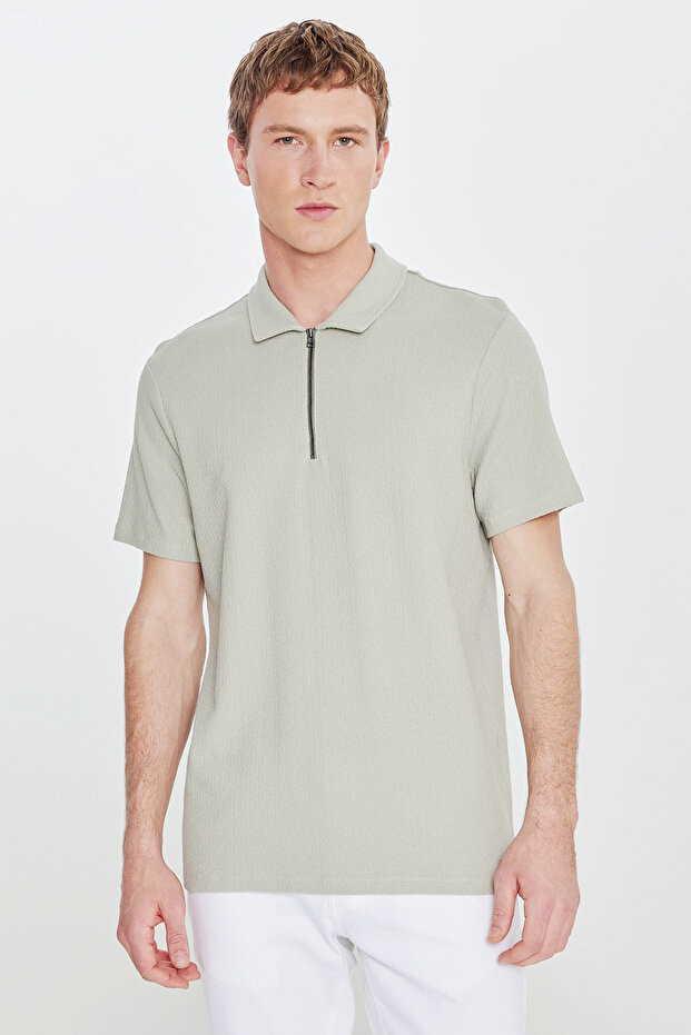 Men's Mint 100% Cotton Slim Fit Polo Collar Jacquard T-Shirt