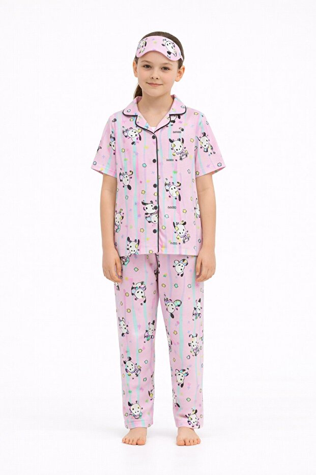 Pink Cute Character Printed Short Sleeve Girls' Eye Patch Pajama Set 23826