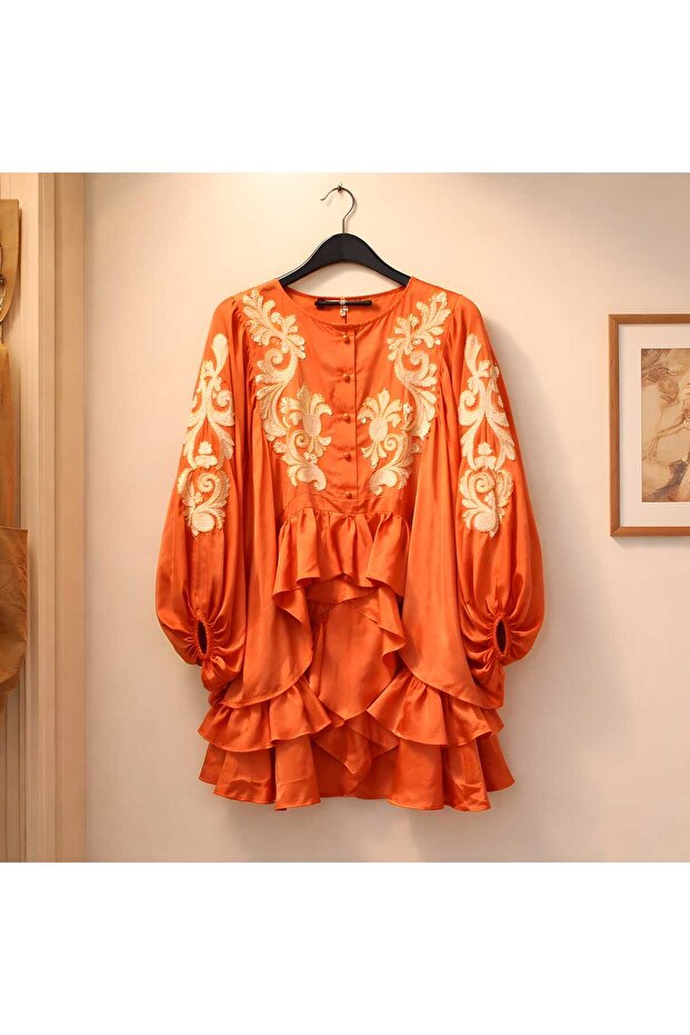 Gold Embroidered Satin Tunic Dress - Bohemian Chic with Ruffles and Button Detailing