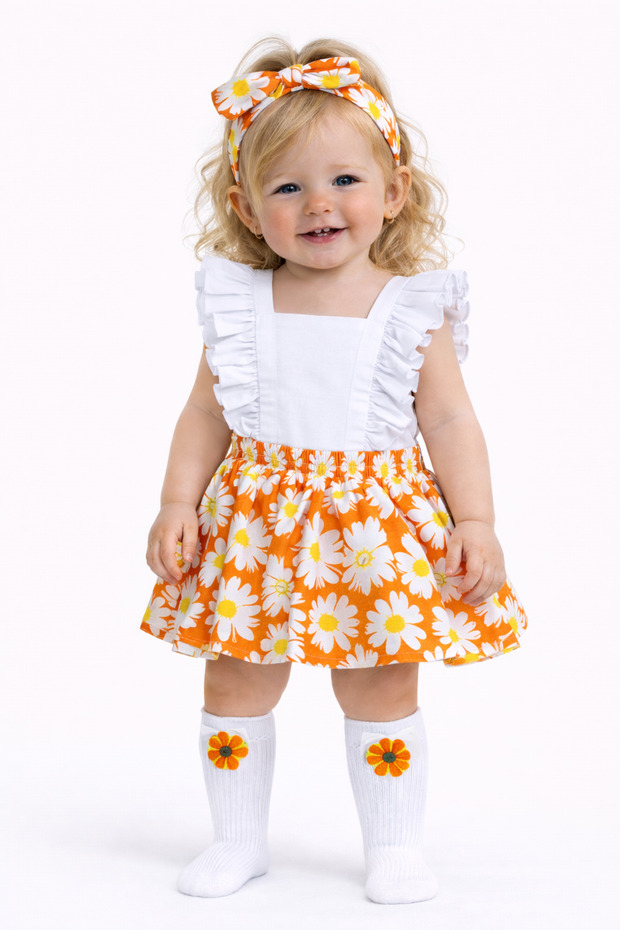 Girl's Orange Yellow Daisy Pattern Ruffled Slopet Bandana Felt Socks Set