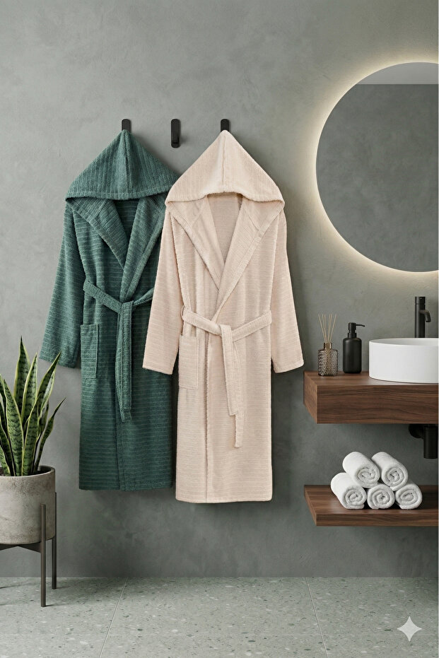 Mira Green Beige Hooded Couple Bathrobe