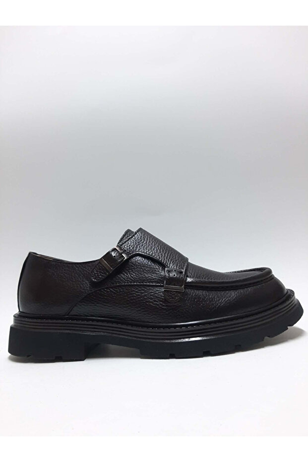 Genuine Leather Brown Double Buckle Lightweight Laceless Classic Casual Model Men's Shoes