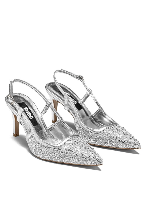Women's High Heeled Open Back Pointed Toe Sequined Evening Dress Shoes 14025