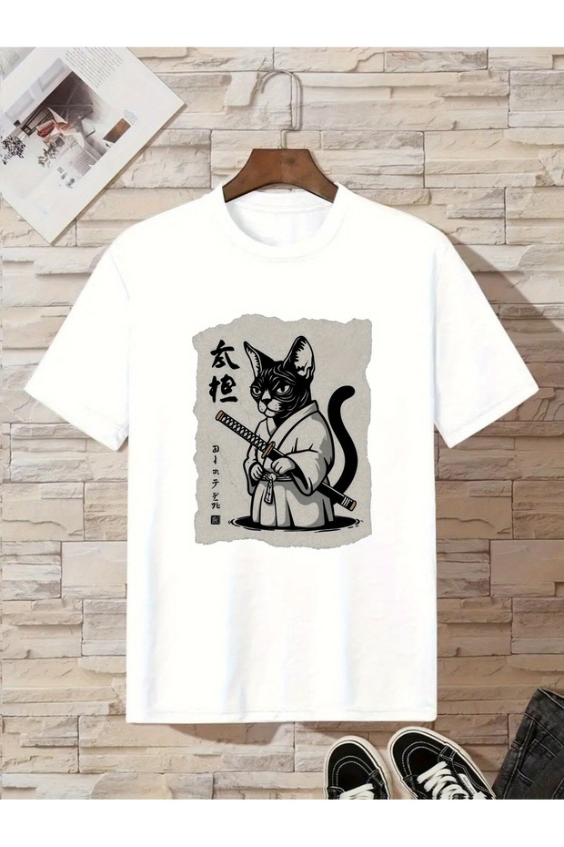 Samurai Cat Printed 100% Cotton Premium Tshirt with Crew Neck for Kids