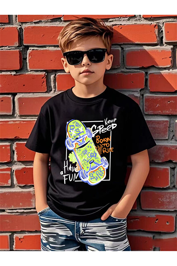 Skateboard Printed 100% Cotton Premium Tshirt with Crew Neck for Kids