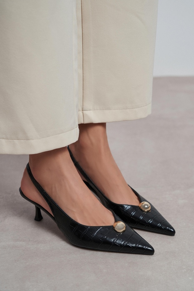 Alvera Black Crocodile Accessory Detail Pointed Toe Women's Heeled Shoes