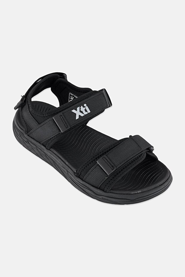 Men Brand Logo Velcro Closure Sandals, Black