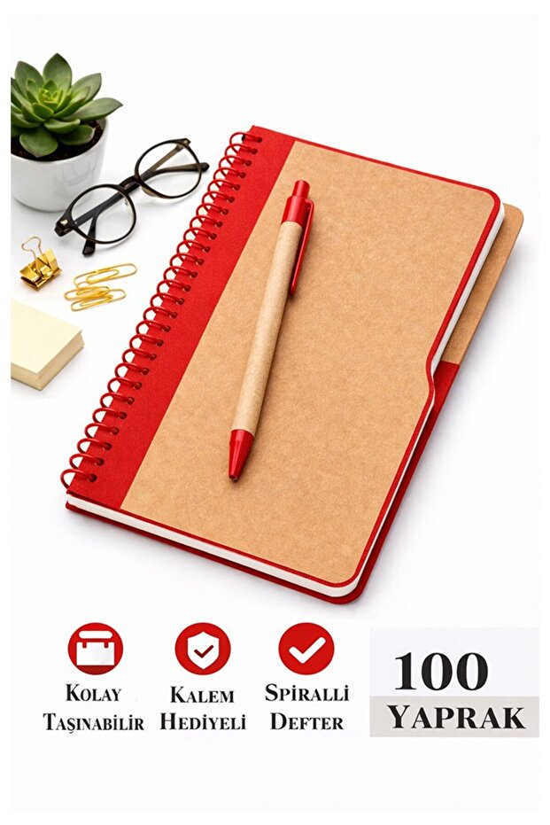 دفتر ملاحظات ذو غلاف صلب أحمر مخطط، 100 ورقة، قلم واحد، دفتر ملاحظات مرن مع هدية، دفتر يوميات حلزوني
