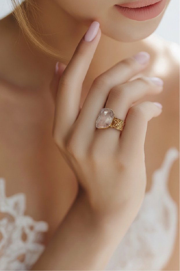 Pink Quartz Natural Stone Ring