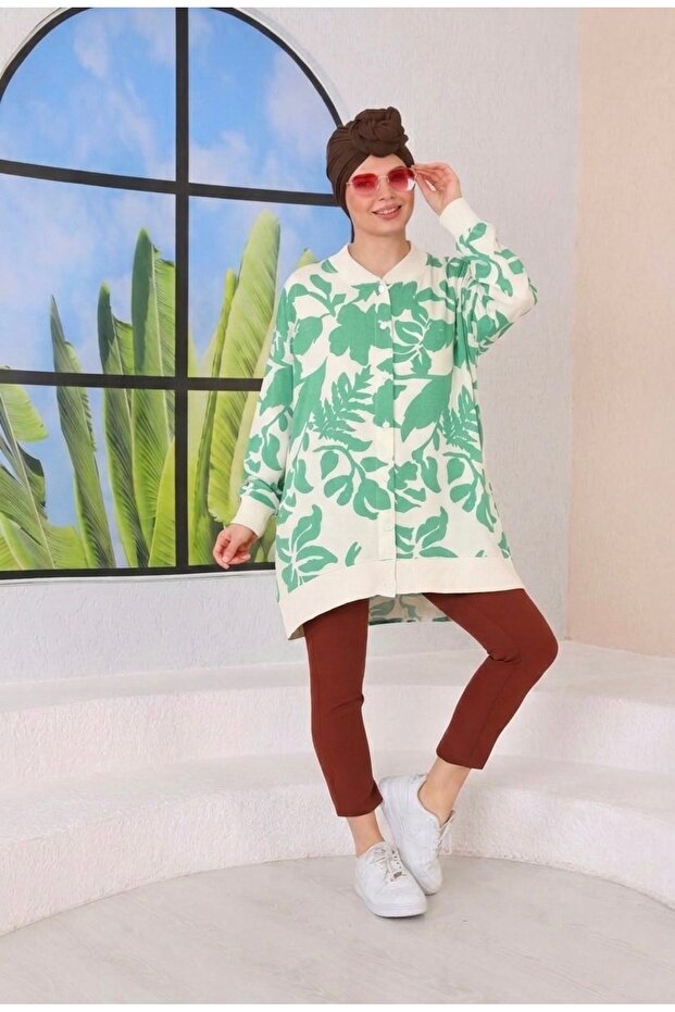 Green Leaf Patterned, Beige Ribbed Tunic/Cardigan - Suitable for Hijab Wear