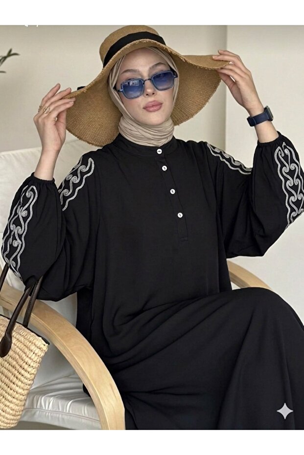 Embroidered High Collar Soft Textured Hijab Dress