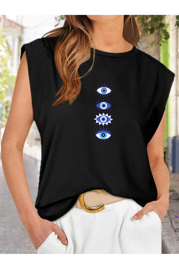 Eye of the Devil Printed Sleeveless Loose Cut Basic Women's Tshirt
