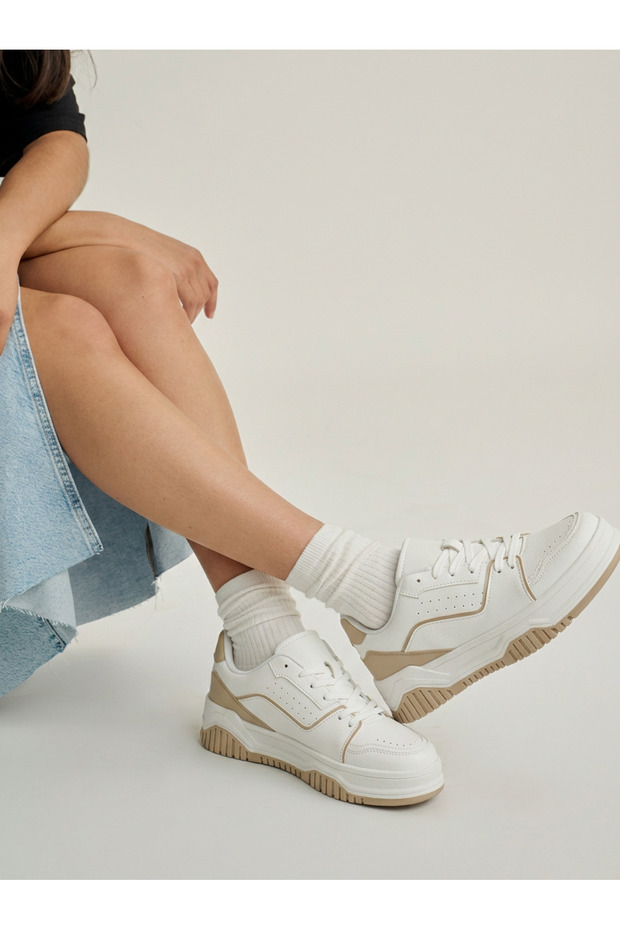 Women's Sneaker Sports Shoes White – Beige Detailed Thick Sole, Comfortable, Daily Walking, Trendy Model