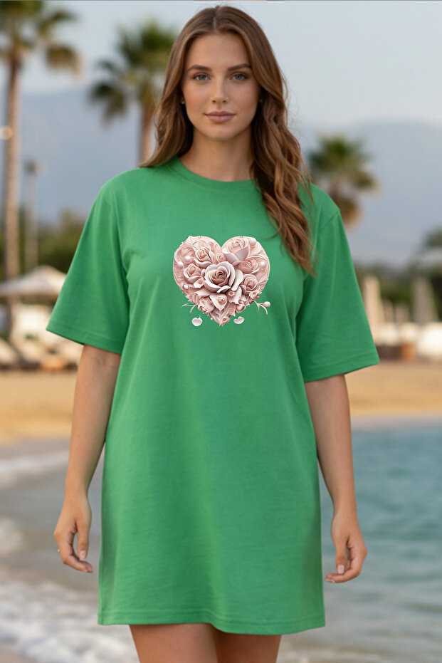 Elbisee Women's Red Oversize T-Shirt Dress – Heart Rose Pattern