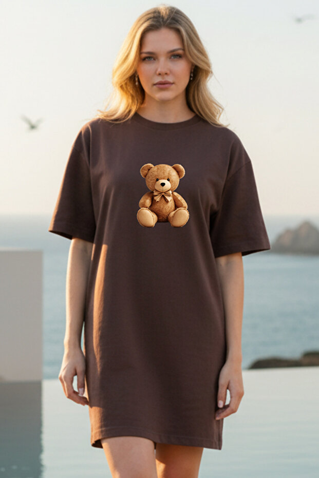 Elbisee Women's Red Oversize T-Shirt Dress – Cute Teddy Bear Print