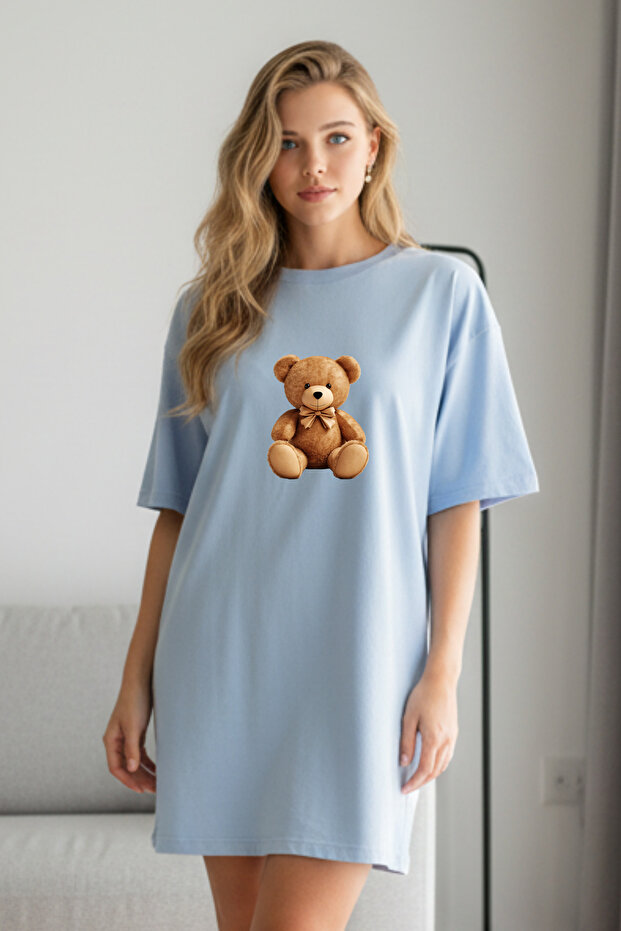 Elbisee Women's Red Oversize T-Shirt Dress – Cute Teddy Bear Print