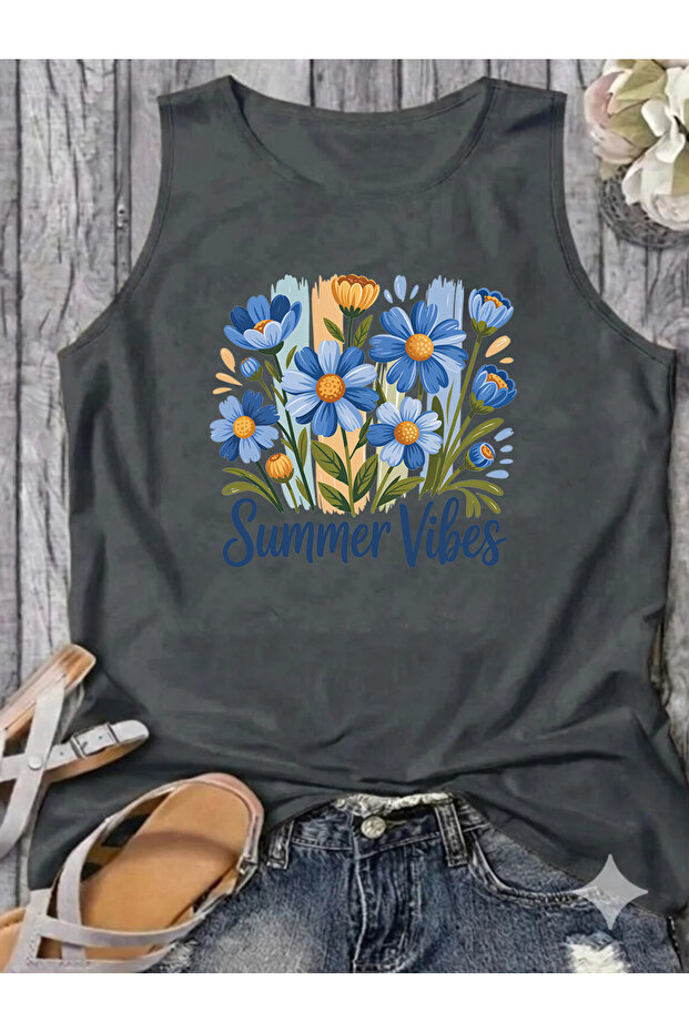 Flowers Printed Patterned Women's Cotton Off-The-Shoulder (Sleeveless) Summer T-Shirt