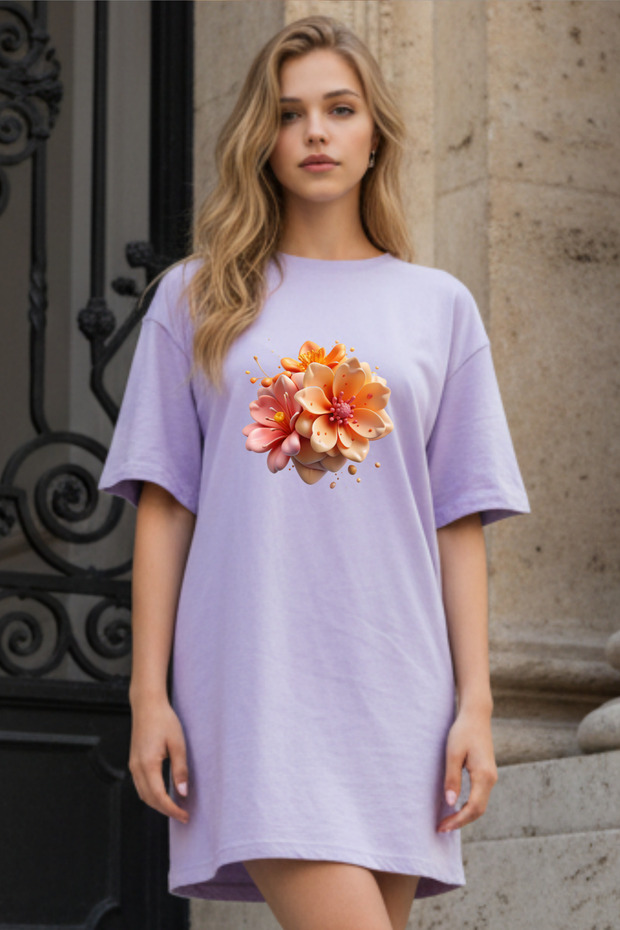 Elbisee Women's Red Oversize T-Shirt Dress – Orange Floral Bouquet Printed
